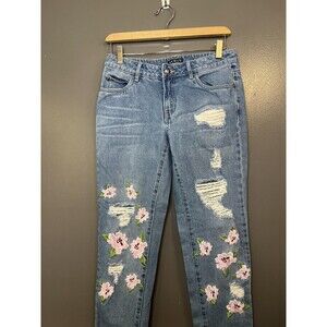 Venus Jeans Womens 2 Blue Distressed Floral Embroidered Ripped Denim Skinny